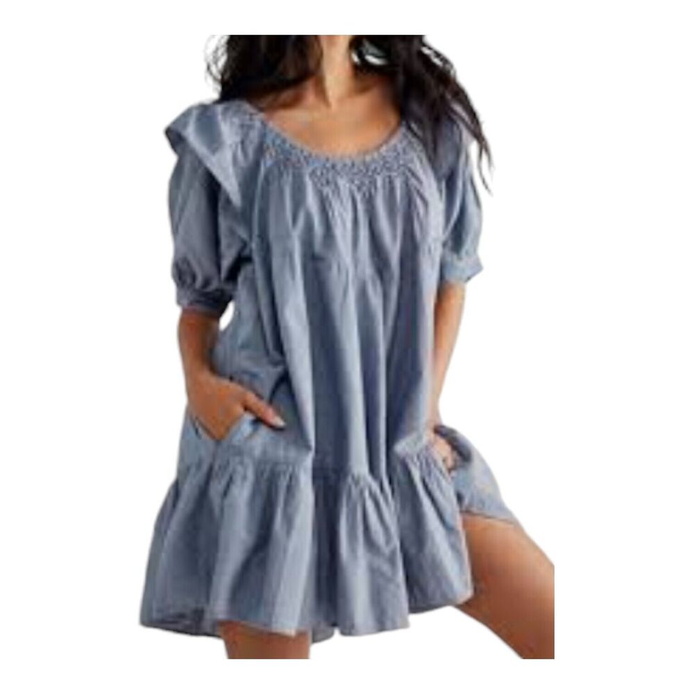 Free People Blue Cotton Mini Babydoll Cottagecore Puff Sleeve Peasant Dress XS